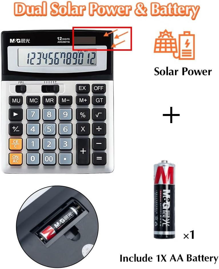 MG Desk Calculator 12 Digit Extra Large LCD Display Calculators, Dual Solar Power and Battery, Battery Included, Metal Panel Comfort Button Calculator for Office Home - Image 3